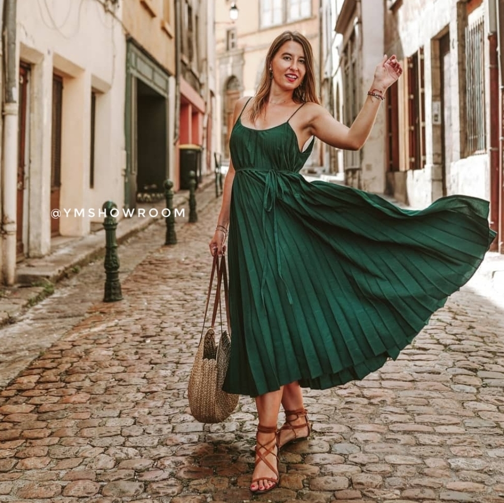 Mango Dark Green Pleated Midi Dress